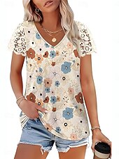 levne tričko umění a designu-Womenské blůzy Krajka Splicing Top Květinové Listy Stylový Neformální Krátký rukáv V Krk Pravidelné topy Denní Krajkový potisk Žlutá Modrá Meruňková Léto Jaro