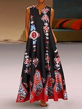 economico Abiti Boho-Per donna Abito maxi Abito a trapezio Abito Estivo Vacanza Casual Boho Quotidiano Ferie Vestibilità regolare Grafico Tribale Senza Maniche Scollo a V Nero Bianco Giallo Blu Estate