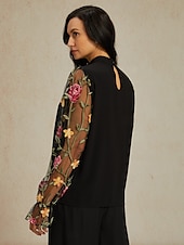 billiga Tunika Toppar-Dam Tunika Ensfärgat Nät Broderad Dagligen Elegant Ledigt Långärmad Rund hals Svart Vår Höst