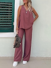 preiswerte Blusenanzüge für Damen-Damen Aktiv Basic Baumwoll-Leinen-Sets Bluse Hosen-Sets Ärmellos V Ausschnitt Einfarbig Täglich Alltagstauglich Wein Königsblau Beige Sommer Normale Passform