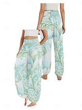 billiga Byxor-Dam Linneinspirerade byxor Brett skaft Byxor Etnisk Stil Ledigt Boho Fullängd Hög midja Blommig Ficka Elastisk midja Tryck Mateial som andas Mjuk Microelastisk Utomhus Yoga Rosa Kungsblå Blå Purpur