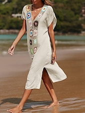 abordables Robes de plage-Maillots de Bain Femme Couverture Robe de Bain Maillot Patchwork Vacances Plage Tenue Couleur Unie Col en V Manches Courtes Maillots de Bain