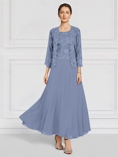 preiswerte Mit Jacke-Zweiteilig Kleid-Sets Brautmutterkleid Hochzeitsgast Kirche Elegant Rundhalsausschnitt Knöchellänge Chiffon Langarm mit Spitze Stickerei 2025