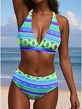 abordables Ensemble de bikinis-Bikini 2 pièces pour femmes maillot de bain sexy rétro à enfiler graphique géométrique fil en V maillots de bain sans manches