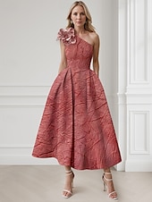 voordelige Cocktailjurken-Roze A-Lijn Cocktailjurken Elegante Jurk Formele Bruiloft Enkellengte Mouwloos Eén Schouder Nylon met Zak Schouderbloem Bruiloft Gast Jurk