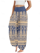 preiswerte Hose aus Baumwollleinen mit Grafik-Damen Leinen-inspirierte Hosen Weites Bein Hosen Hose Ethno-Stil Lässig Boho Volle Länge Hohe Taille Blumen Grafik Paisley-Muster Tasche Elastischer Bund Drucken Atmungsaktivität Weich Mikroelastisch