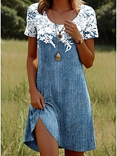 economico Abiti Boho-Per donna Mini Abito Vestito Estivo Vestito Casual Vestito T-Shirt Abito a trapezio Elegante Casual Spiaggia Vestibilità regolare Floreale Grafico Foglia Manica Corta Girocollo Scollo Tondo Blu Blu