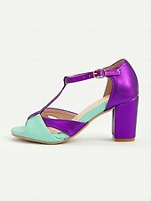 abordables Années 1950-Sandales à talons épais vert menthe et violet pour femmes, avec brides en T – Chaussures habillées de style rétro des années 1950 pour des événements d&#039;été élégants