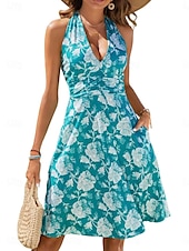 abordables Robes fleuries-Femmes Mini Robe Robe trapèze Robe dos nu Vacances Occasionnel Boho Extérieur Sortir Plage Coupe régulière Fleuri Sans manches Col Halter Jaune Rouge Bleu Vert Été