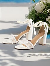 cheap Wedding Sandals-Women&#039;s White Bridal Sandals with Lace and Pearl Detailing, Block Heel Design for Beach Weddings and Summer Ceremonies
