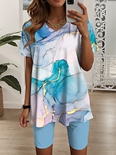 tanie Damskie krótkie komplety-Komplet 2 częściowy dla kobiet modny t-shirt i szorty krótki rękaw dekolt w serek grafika geometryczna codziennie niebieski zielony lato regularny fit