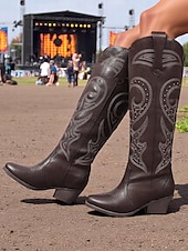 ieftine Cizme Cowboy &amp; Western-cizme de cowboy occidentale de damă cu design brodat – cizme elegante maro cu toc bloc pentru festivaluri de muzică, îmbrăcăminte casual și evenimente în aer liber