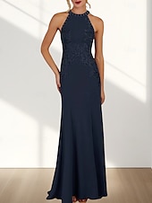 economico Abiti da damigella-Abito da damigella a sirena / tromba, scollo a giro / collo all&#039;americana, senza maniche, elegante, in chiffon con strascico a ruota e applicazioni 2025