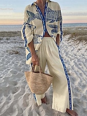 economico Abiti da donna con camicetta-Completi da donna moda streetwear quotidiani in 2 pezzi con camicia a maniche lunghe colletto grafico casual per giornate in spiaggia rosso blu navy blu estate vestibilità regolare