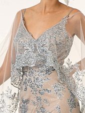 voordelige Vloerlengte-Sparkle Zeemeermin  Trompet Moeder van de Bruid Cape Jurk Strand Bruiloft Elegant Simpel Luxe V-Hals Vloer Lengte Bloemen Kant Tule