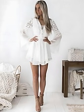 cheap White Lace Dresses-Women&#039;s Mini Dress White Dress Lace Dress Party Dress A Line Dress Elegant Hot Daily Holiday Date Slim Pure Color Long Sleeve V Neck Black White Wine Summer Spring