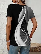 billige Stripe og geometrisk t-skjorte-Dame T skjorte Grafisk Geometrisk Elegant Årgang Stilfull Kortermet Crew-hals Rund hals Vanlige topper Daglig Ut på byen Lapper Knapper Lag-på-lag Svart Sommer Vår