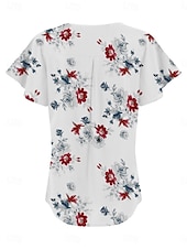 abordables T-shirt floral-Blouses d&#039;été pour femmes tops floraux stylés décontractés manches courtes col en V tops réguliers quotidien imprimé blanc bleu gris bleu clair été printemps