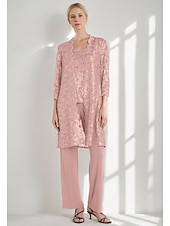 baratos Terninhos de calça da mamãe-Macacão Vestido Para Mãe dos Noivos Convidado do casamento Igreja Elegante Vintage Gola Redonda Longo Chiffon Renda Manga Longa com Lantejoulas Bordado 2025