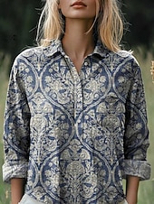 levne Boho topy-Dámské Košile Květinový Retro Geleneksel Dlouhý rukáv Košilový límec Běžné topy Denní Dovolená Knoflíky Kapsy Tisk Námořnická modř Vodní modrá Khaki Béžová Léto