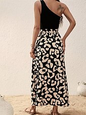 abordables Robes fleuries élégantes-Femmes Robe Midi Robe Décontractée Robe d&#039;été Élégant Mode Moderne Quotidien Plage Week-end Coupe régulière Léopard Sans manches Une Épaule Noir bleu marine Été