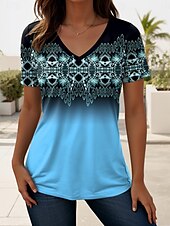 ieftine tricou boho-Pentru femei Tricou Ombre Grafic Geometric Epocă Stilat Casual Manșon scurt În V Topuri obișnuite Zilnic Imprimeu Albastru piscină Mov Trifoi Vară Primăvară