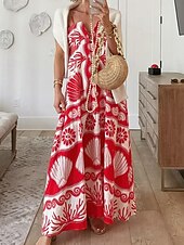 tanie Sukienki boho-Damskie Sukienka maxi Sukienka A line Sukienka na ramiączkach Codzienny Na zewnątrz Wyjściowe Plaża Regularny Kwiaty Graficzny Bez rękawów Cienkie ramiączka Czerwony Lato Wiosna