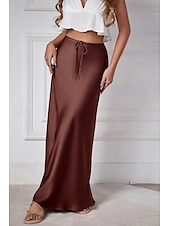 ieftine Fuste simple-Pentru femei Fustă Elegant Modă Maxi Talie Medie Fuste Simplu Cordon Micro-elastic Vacanță Stradă Roșu Vin Bleumarin Negru Șampaniu Vară Mătase ca satinul