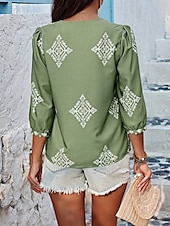 baratos Tops Boho Femininos-Mulheres Blusa Geométrica Boêmia Casual Manga 3/4 Manga Princesa Decote V Tops regulares Diário Imprimir Rosa Azul Marinha Roxo Verde Verão Primavera
