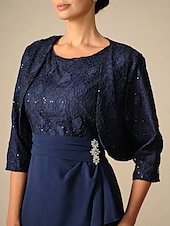 levne Šaty s romantickými krajkami-dámské svatební host koktejlové šaty set šifon krajka patchwork elegantní jaro podzim midi šaty posádka výstřih 3/4 rukáv tmavě modrá