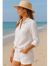 abordables Chemises-Femmes Boutonner Chemise en coton et lin Uni Basique Moderne manche longue Col de chemise Hauts Réguliers Quotidien Boutons Blanche Bleu Été
