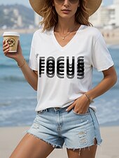 abordables T-shirt Humor &amp; Citations-Femmes Chemisier Graphique Lettre ancien Élégant Classique Manche Courte Col en V Hauts Réguliers Quotidien Sortir Tenue de plage Imprimé Noir Blanche Été Printemps