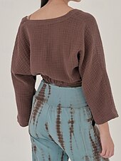 billige Skjorter-Dame Linskjorte Bluse عادي Fritid Langermet V-hals Crop Tops Daglig Ut på byen knyte foran Hvit Gul Brun Sommer