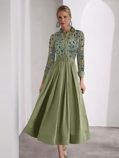 cheap Cocktail Dresses-Blue Green Embroidered A-Line Cocktail Dresses Elegant Formal Wedding Guest Ankle Length Long Sleeve Shirt Collar Satin with Glitter Slit 2025