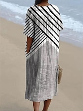 billige Stripete og geometriske kjoler-Dame Midikjole Solkjole Kjole med A-linje Ferie Fritid Strandstil Fest Ut på byen Strand Løstsittende Grafisk Geometrisk Kortermet V-hals Hvit+Svart Mørkebrun Aske Sommer Vår
