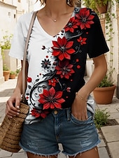 abordables T-shirt floral-Femmes T-shirt Fleuri Graphique ancien Élégant Moderne Manche Courte Col en V Hauts Réguliers Quotidien Imprimé Jaune Rouge Bleu Violet Vert Été