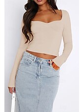 ieftine tricou simplu-Pentru femei Bluză Simplu Modern Manșon Lung Pătrat Crop Tops Zilnic Concediu Ieșire Negru Alb Verde Militar Roșu-aprins Albastru piscină Vară