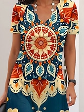 ieftine Rochii boho-Pentru femei Rochie Mini Rochii Tricou Rochie A line Rochie de vară Casual Zilnic Fit regulat Floral Grafic Tribal Manșon scurt În V Albastru piscină Vară