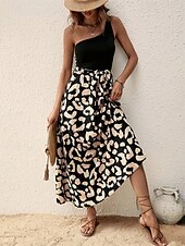 abordables Robes fleuries élégantes-Femmes Robe Midi Robe Décontractée Robe d&#039;été Élégant Mode Moderne Quotidien Plage Week-end Coupe régulière Léopard Sans manches Une Épaule Noir bleu marine Été