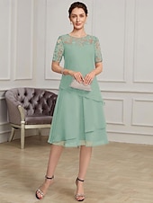 abordables Longueur du thé-Robe mère de la mariée A-Line élégante formelle à col bijou longueur thé en chiffon à courte manche avec dentelle taille sur mesure gratuite