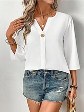 billige Kvinne Enkle Topper-Dame Bluse Helfarge Stilfull Fritid 3/4 ermer V-hals Vanlige topper Daglig Ferie Knapper Svart Hvit Oransje Sommer Vår