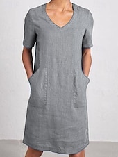 abordables concevoir des robes en coton et lin-Femmes Mini Robe Robe d&#039;été Occasionnel Quotidien Uni Manche Courte Col en V Noir Jaune Bleu Vert Été