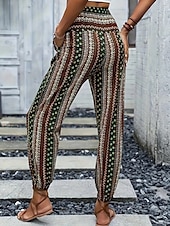 preiswerte weites Bein und hohe Taille-Damen Jogginghose Hosen Hose Urlaub Boho Volle Länge Mittlere Taille Geometrisch Elastischer Bund Atmungsaktiv Bequem Mikroelastisch Straße Alltagskleidung Ausgehen Dunkelbraun Weiß Rot Dunkelgrün
