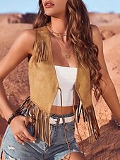 billige Boho topper-Dame Bluse عادي Fritid Ermeløs V-hals Vanlige topper Ferie Ut på byen Frynser Lysebrun Sommer