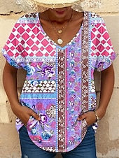 billige Boho t-skjorte-Dame T skjorte Grafisk Geometrisk Årgang Stilfull Klassisk Kortermet V-hals Vanlige topper Daglig Trykt mønster Rosa Blå Lilla Oransje Sommer Vår