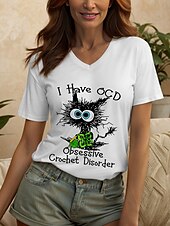 abordables T-shirt Humor &amp; Citations-Femmes Chemisier Graphique Chat Lettre ancien Élégant Classique Manche Courte Col en V Hauts Réguliers Quotidien Sortir Tenue de plage Imprimé Noir Blanche Été Printemps