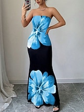 cheap Elegant Floral Dresses-Women&#039;s Long Dress Maxi Dress Prom Dress Bodycon Summer Dress Elegant Fashion Party Holiday Date Regular Fit Flower Sleeveless Strapless Red Blue Summer Spring