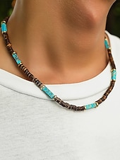 abordables Bijoux pour hommes-Collier de perles en bois naturel pour homme avec des accents turquoise, style surfeur bohème, bijoux réglables pour la plage, les festivals et les tenues décontractées