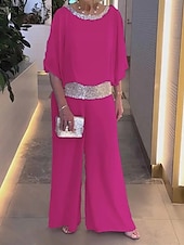 abordables Moins de 129,99 $-Deux Pièces Combinaison / Tailleur-Pantalon Robe de Mère de Mariée  Élégant ancien Simple Col Bateau Longueur au sol Chiffon Demi Manches avec Paillettes 2025