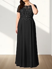 voordelige Vloerlengte-A-lijn Plus Size Curve Moeder van de Bruid Jurk Bruiloft Gast Elegant Crew Neck Vloerlengte Chiffon Kant Korte Mouw met Tailleband  Lint Beading Applicaties